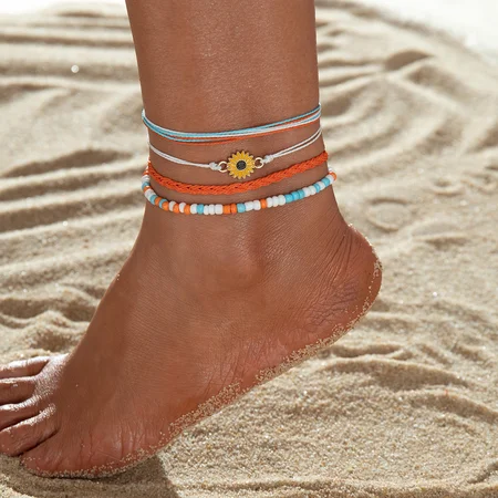 

Bohemian Style Vacation-Themed Beaded Woven Anklet Set With Seed Beads Multilayer Anklet, As picture, Anklet