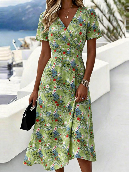 

Women Geometric Summer Dress V Neck Short Sleeve Beach Dress A-Line Dress, Green, Dresses