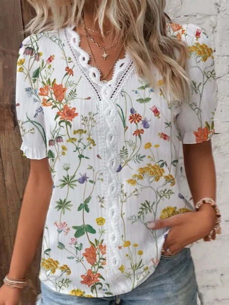 

V Neck Short Sleeve Floral Regular Regular Fit Blouse For Women, White-yellow, Blouses