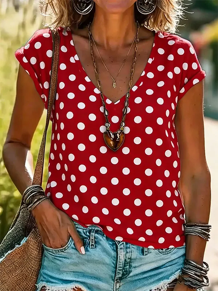 

Vintage Polka Dots V Neck Short Sleeve T-shirt, Red, T-shirts