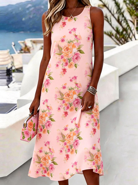 

Women Floral Summer Dress Crew Neck Sleeveless Tank A-Line Dress, Pink, Dresses