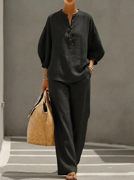 

Women Plain Two-Piece Set Daily Three Quarter Sleeve Casual Spring/Fall Top With Pants Matching Set, Black, Sets