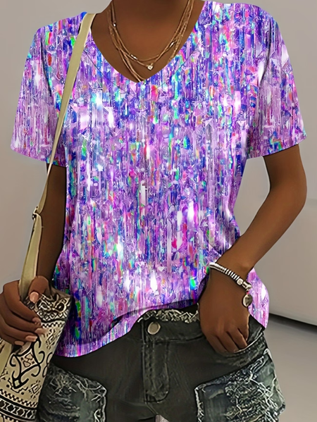 

Women Abstract Short Sleeve Tee T-shirt V Neck Printing Vintage Summer Top, Purple, T-Shirts