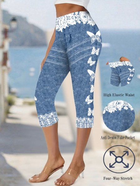 

Women 3D Printing Capris Elastic Waist Pants Casual Summer Trousers, Blue, Shorts