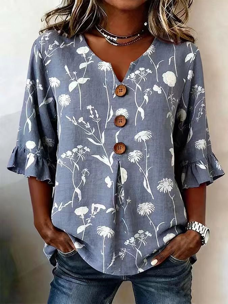 

V Neck Short Sleeve Floral Regular Regular Fit Blouse For Women, Grey-blue, Blouses