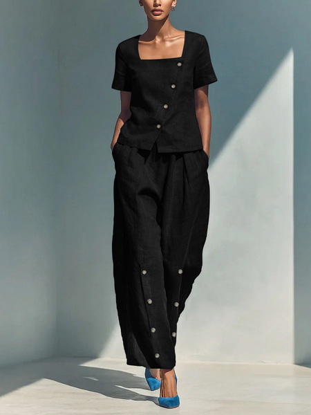 

Women Plain Two-Piece Set Daily Short Sleeve Casual Summer Top With Pants Matching Set, Black, Sets