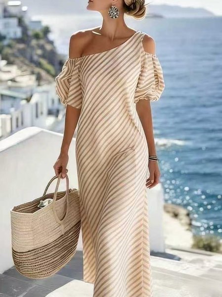 

Women Striped Summer Dress Asymmetrical Short Sleeve Fit & Flare Dress A-Line Dress, Apricot, Dresses