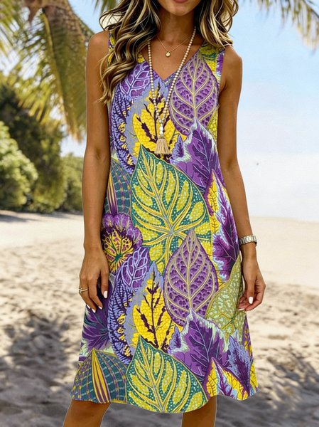 

Women Leaf Summer Dress V Neck Sleeveless Tank A-Line Dress, As picture, Dresses