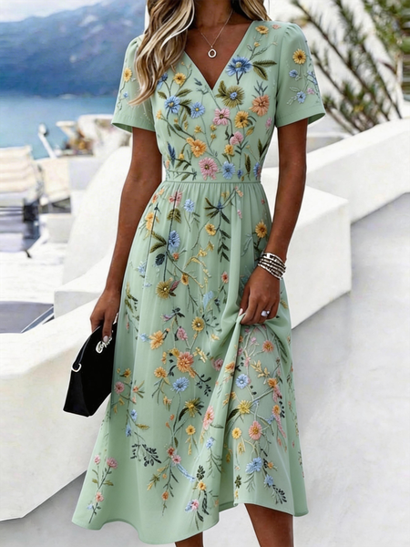 

Women Floral Summer Dress V Neck Short Sleeve Beach Dress A-Line Dress, Aqua, Dresses