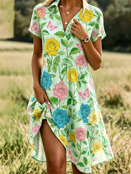 

Women Ditsy Floral All Season Dress Shawl Collar Short Sleeve Shirt Dress A-Line Dress, Blue, Dresses