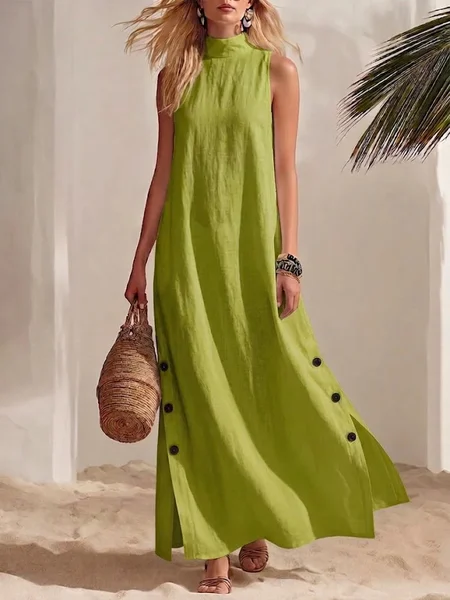 

Women Plain Summer Dress Stand Collar Sleeveless Fit & Flare Dress A-Line Dress, Green, Dresses