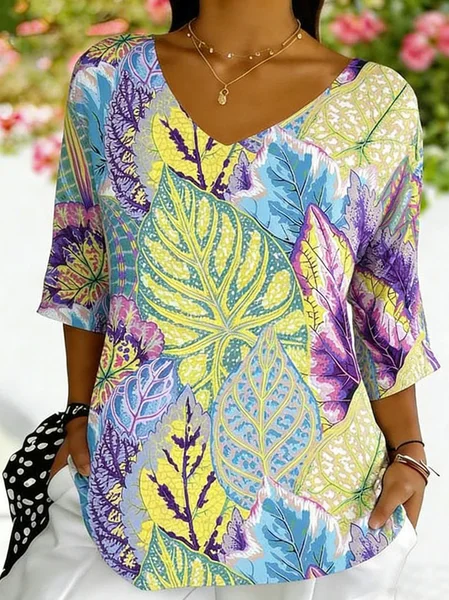 

Casual Leaf V Neck Short Sleeve T-shirt, Multicolor, T-shirts