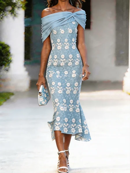 

Women Floral Summer Dress Cap Sleeve X-Line Dress, Blue, Dresses