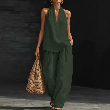 

Women Plain Two-Piece Set Daily Sleeveless Casual Summer Top With Pants Matching Set, Army green, Sets