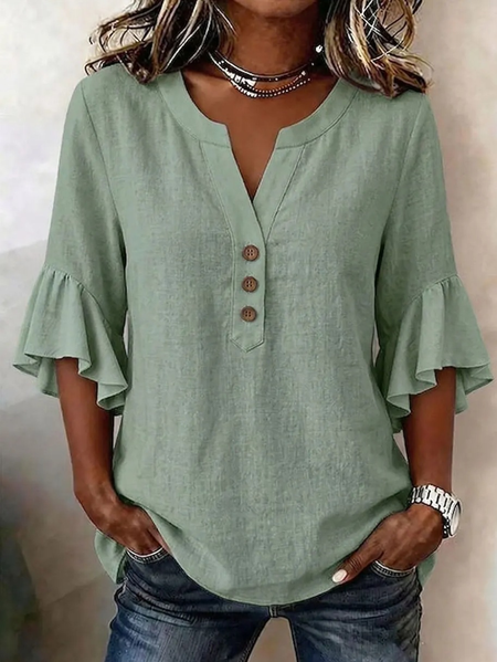 

V Neck Three Quarter Sleeve Plain Regular Loose Blouse For Women, Lightgreen, Blouses