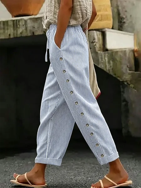 

Women Striped Long Pants Vintage Spring/Fall Trousers, Blue, Pants