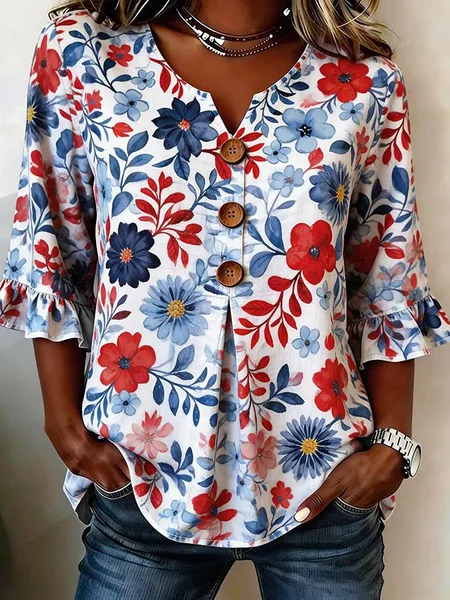 

V Neck Short Sleeve Floral Regular Regular Fit Blouse For Women, As picture, Blouses