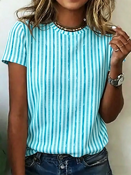 

Casual Striped Crew Neck Short Sleeve T-shirt, Cyan, T-shirts