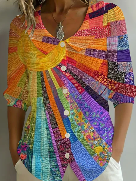

Women Abstract Shawl Collar Half Sleeve Shirt Printing Casual Daily Summer Top, As picture, Shirts