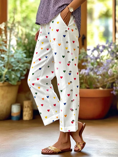 

Women Heart/Cordate Long Pants Vintage Spring/Fall Trousers, White, Pants