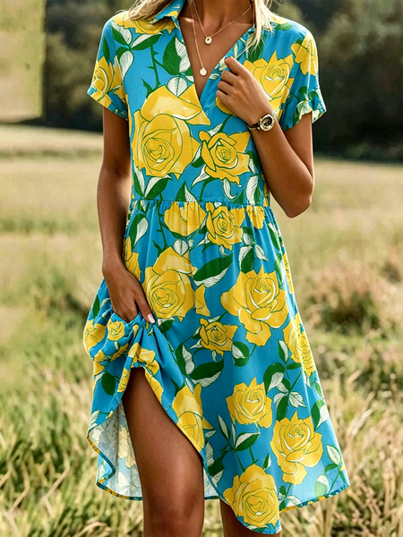 

Women Floral All Season Dress Shawl Collar Short Sleeve Shirt Dress A-Line Dress, Cyan, Dresses