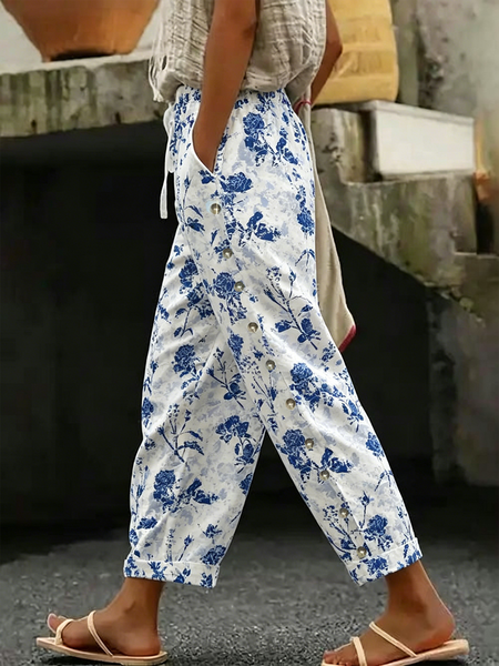 

Women Floral Long Pants Vintage Spring/Fall Trousers, Blue, Pants