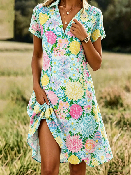 

Women Floral All Season Dress Shawl Collar Short Sleeve Shirt Dress A-Line Dress, Blue, Dresses