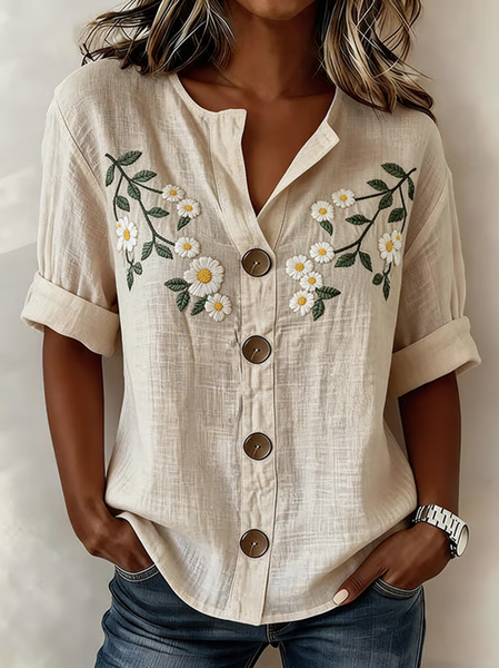 Stand Collar Long Sleeve Floral Regular Loose Shirt For Women