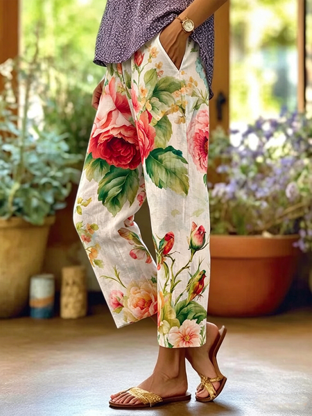 

Women Floral Long Pants Vintage Spring/Fall Trousers, As picture, Pants