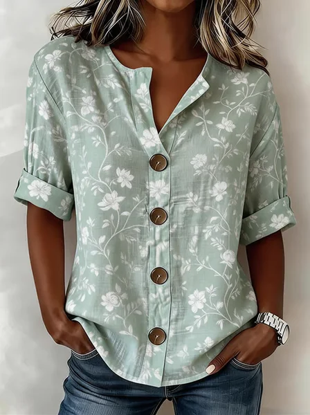 

Stand Collar Long Sleeve Floral Regular Loose Shirt For Women, Green, Shirts