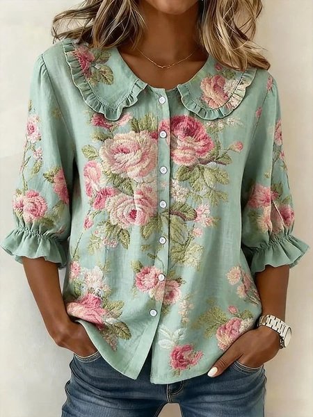 

Shawl Collar Short Sleeve Floral Regular Loose Shirt For Women, Green, Shirts