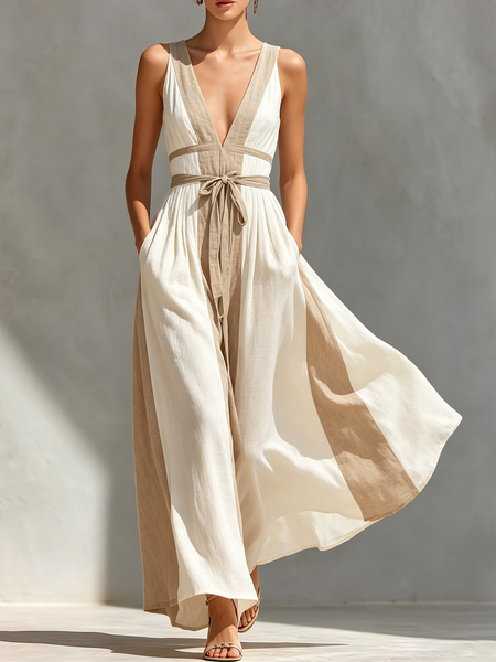 

Urban Color Block V Neck Cotton And Linen Maxi Dress With Belt, As picture, Maxi Dresses