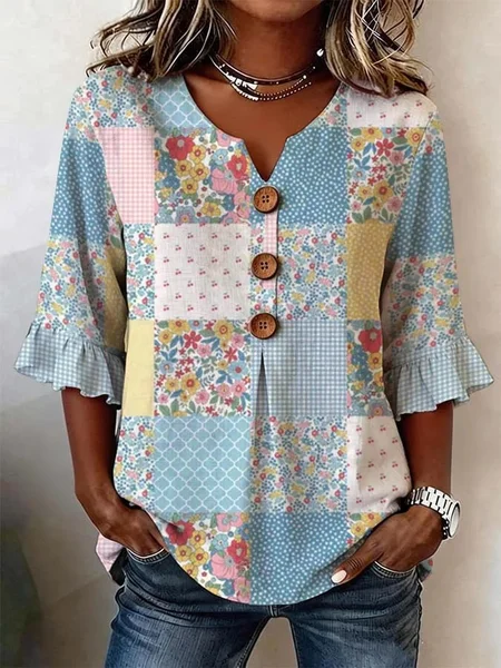 

Half Sleeve Geometric Lightweight Loose Shirt For Women, As picture, Blouses