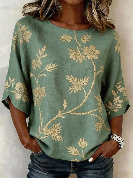 

Crew Neck Half Sleeve Floral Printing Regular Micro-Elasticity Regular Fit Blouse For Women, Green, Blouses