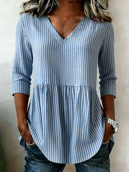 

V Neck Long Sleeve Striped Regular Loose Shirt For Women, Blue, Blouses