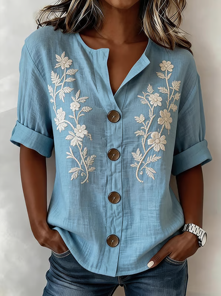 Stand Collar Long Sleeve Floral Regular Loose Shirt For Women