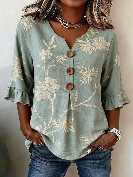 

Half Sleeve Floral Lightweight Loose Shirt For Women, Green, Blouses