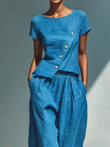 Cotton And Linen Casual Plain Irregular Craftsmanship Crew Neck Blouse