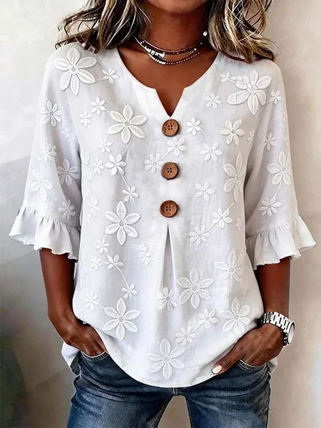 

V Neck Half Sleeve Floral Printing Regular Micro-Elasticity Regular Fit Blouse For Women, White, Blouses