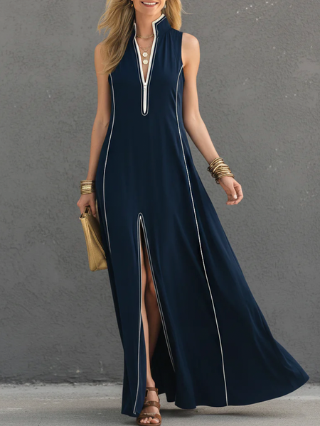 

Casual Color Block Slit Stand Collar Maxi Dress, Purplish blue, Maxi Dresses
