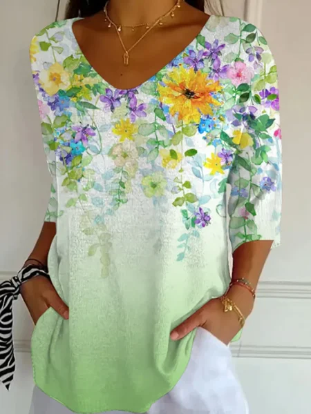 

Women Floral Three Quarter Sleeve Tee T-shirt V Neck Printing Casual Graphic Tee Spring/Fall Top, Green, T-Shirts