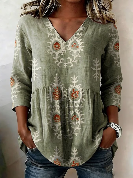 

V Neck Long Sleeve Ethnic Geometry Regular Loose Shirt For Women, Green, Blouses