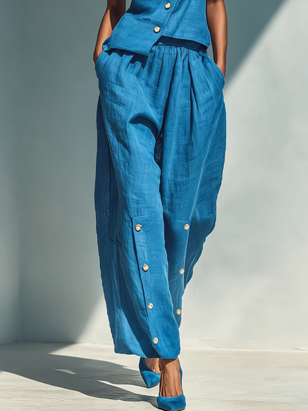 Casual Plain Straight Cotton And Linen Pants