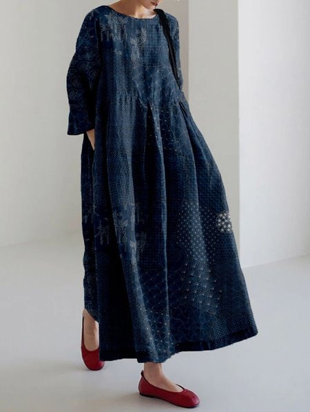 

Women Geometric Spring/Fall Dress Three Quarter Sleeve Mermaid Skirt A-Line Dress, Navyblue, Dresses