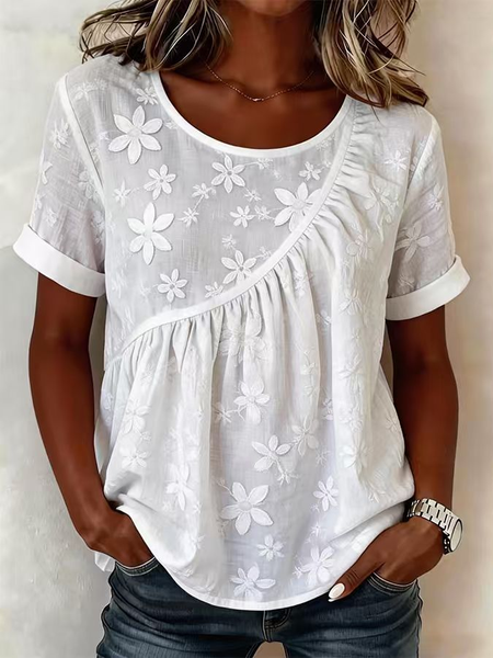 

Women Floral Crew Neck Short Sleeve Blouse Casual Daily Summer Top, White, Shirts