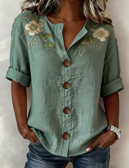

Stand Collar Long Sleeve Floral Regular Loose Shirt For Women, Green, Shirts