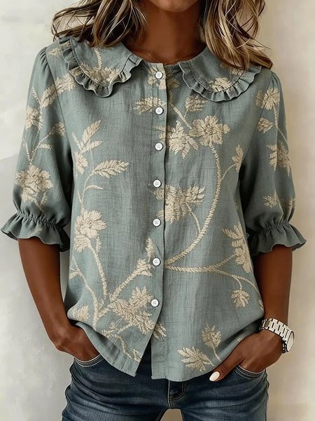 

Shawl Collar Short Sleeve Floral Regular Loose Shirt For Women, Green, Shirts