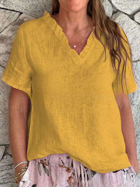 

Casual Plain V Neck Short Sleeve T-shirt, Yellow, T-shirts