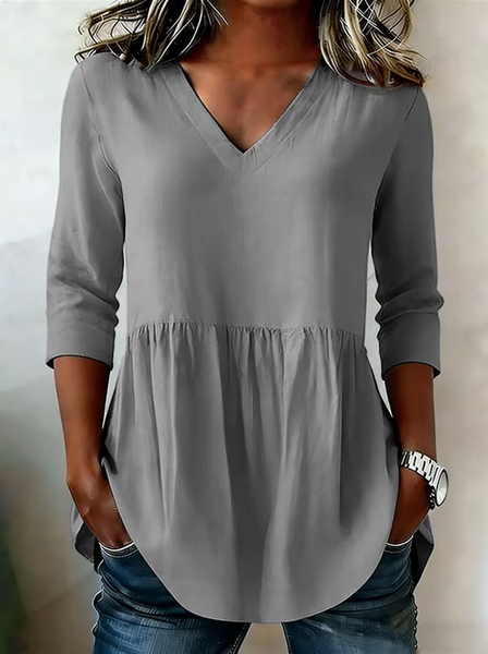 V Neck Long Sleeve Plain Regular Loose Shirt For Women