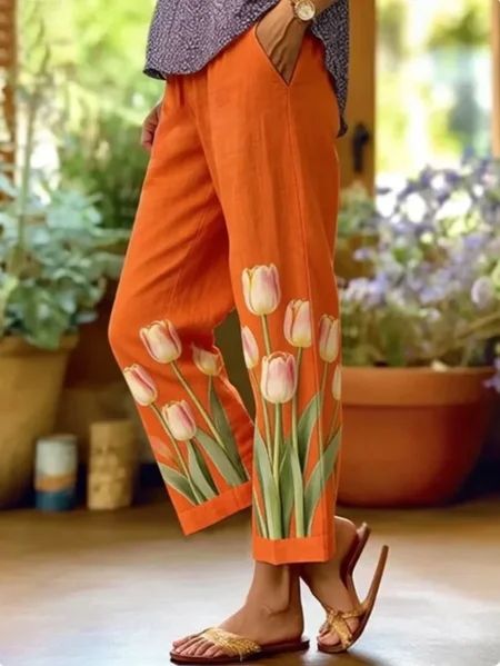 

Women Floral Long Pants Casual Spring/Fall Trousers, Orange, Pants